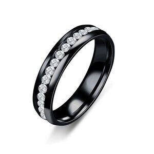 3/$35 Single Row Rhinestones Black Band Ring Stainless Steel Diamond Gemstone